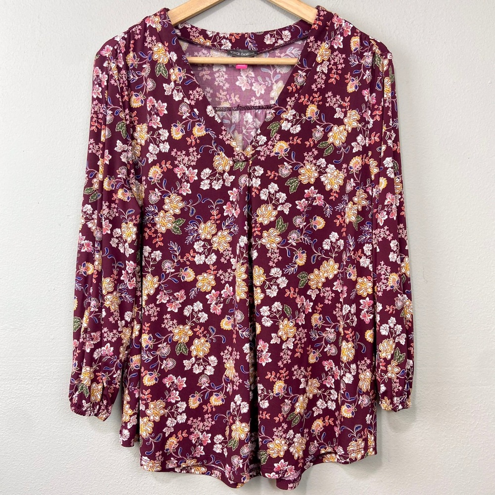 Vince Camuto Floral Print Blouse Top Size L Slinky Knit Cottagecore Boho Cowgirl